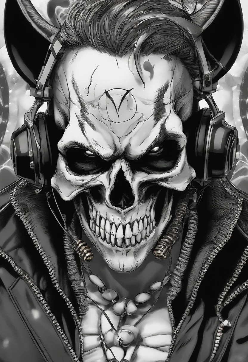 (skull face), ((lobo DC quadrinhos)) (Usando fones de ouvido) (falando em um microfone condensador) (usando capuz) rosto cabelo preto, globo ocular, anime, Expressionismo, gothic art, estilo anime, Cinematic lighting, profundidade de campo, chromatic aberration, ray tracing, anatomicamente correto, alta qualidade, disco Rigido, 4k