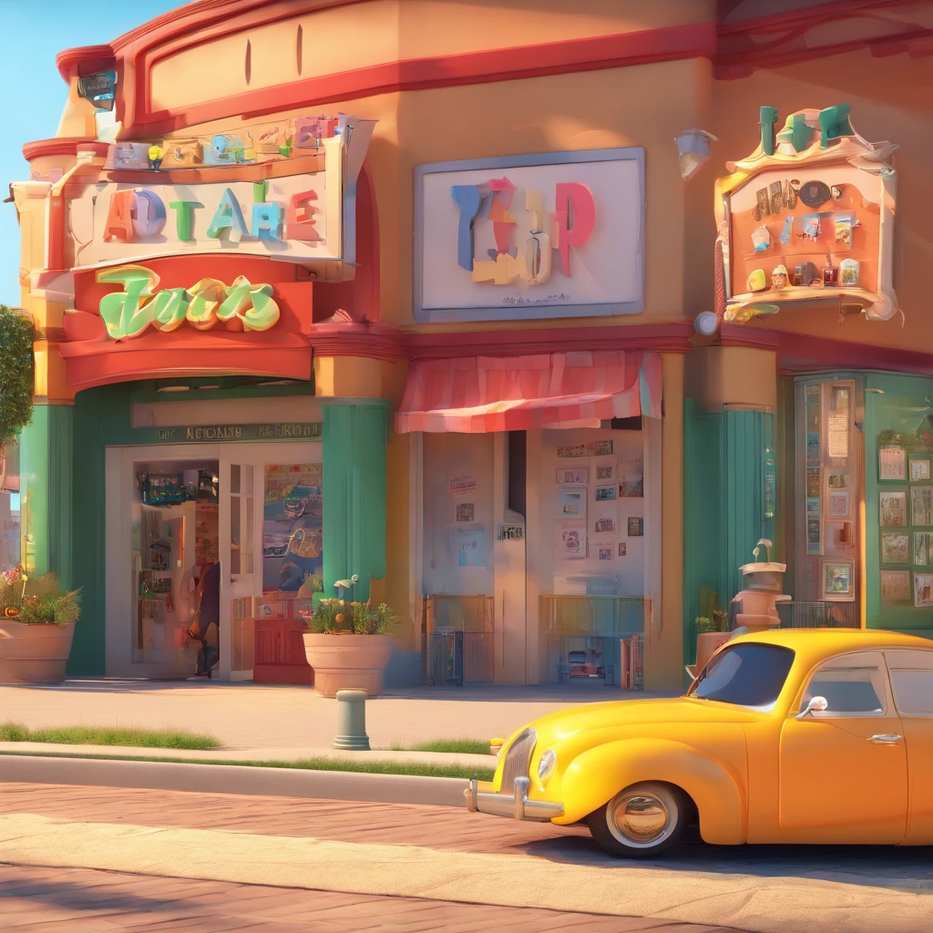 create a 3D movie poster inspired by Disney Pixar. The scene should be in Pixar's signature digital art style, with a cartoon image that resembles a sign reading Ateliê Jane Passos.