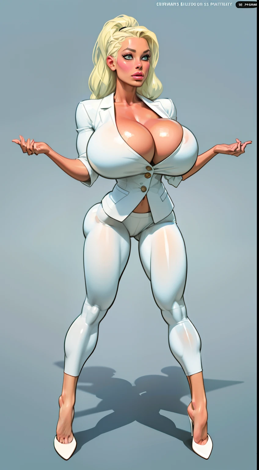 ((masterpiece)),(((best quality))), ((character design sheet:1.4)), ((full body view)) illustration,1girl, muscular, ((light blue business suit:1.4)), bubbles, ((heaven bump hairstyle:1.4)), ((light blonde hair:1.4)), blue suit ((detailed face:1.4)) ((gigantic breasts:1.6)), (latex pants), ((cleavage)), beautiful woman, shiny skin, (thick legs), scribbles and marks, rough sketches, pose, 8k,16k, (simple background, white background: 1.3)
