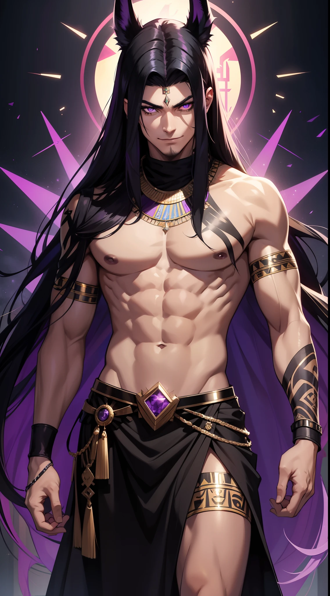 Young guy, Long black hair, purple strands, violet eyes, smirk, tattoo, pharaoh, Egyptian Prince, Anubis, open torso, musculature, Masterpiece, hiquality, 4k, HD, Good detail