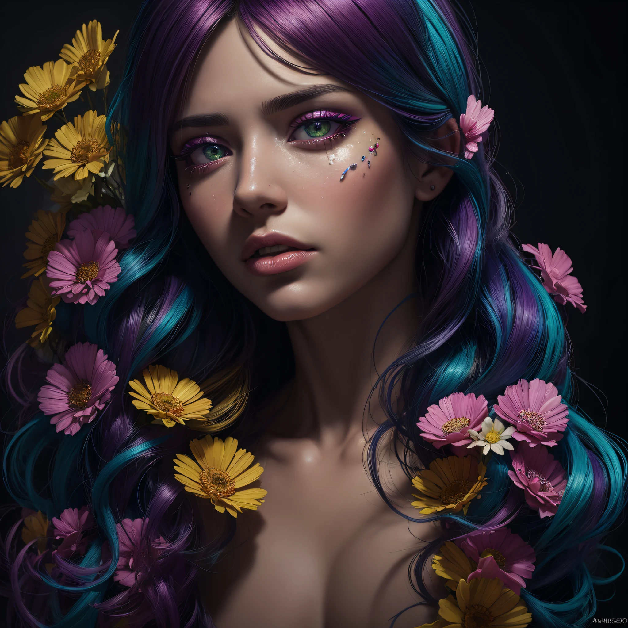 (masterpiece), best quality, a woman with colorful hair and flowers, iridescent, imaginative realism, vibrant colors hyper realism, beautiful acrylic fluid portrait, Art by Alessandro Pautasso, colorful hyperrealism, beautiful colorful art!, dripping with color, gorgeous digital art, intricate and intense oil paint, Colorful art, inspired by Sandra Chevrier, vibrant realistic colors. natural lighting, global illumination, intricate,incredibly detailed,ultra realistic,vray tracing, DSLR, 8k