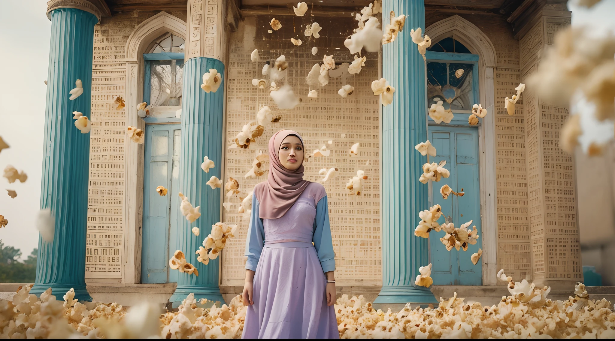 a beautiful malay young woman in hijab, is standing with large popcorn explosion in the background, popcorn flying in the air, in the style of mid sommar, fanciful, natural landscape , dreamlike imagery, captivating documentary photos, flowing fabrics, disintegrated, intricate, style raw, in the style of Grand Budapest Hotel directed by Wes Anderson , low saturation, Super 8mm lens, Low angle shot, High Contrast cinematography effect, Natural Lighting, Desaturate color grading, high quality, ultra detail, 8k resolution,