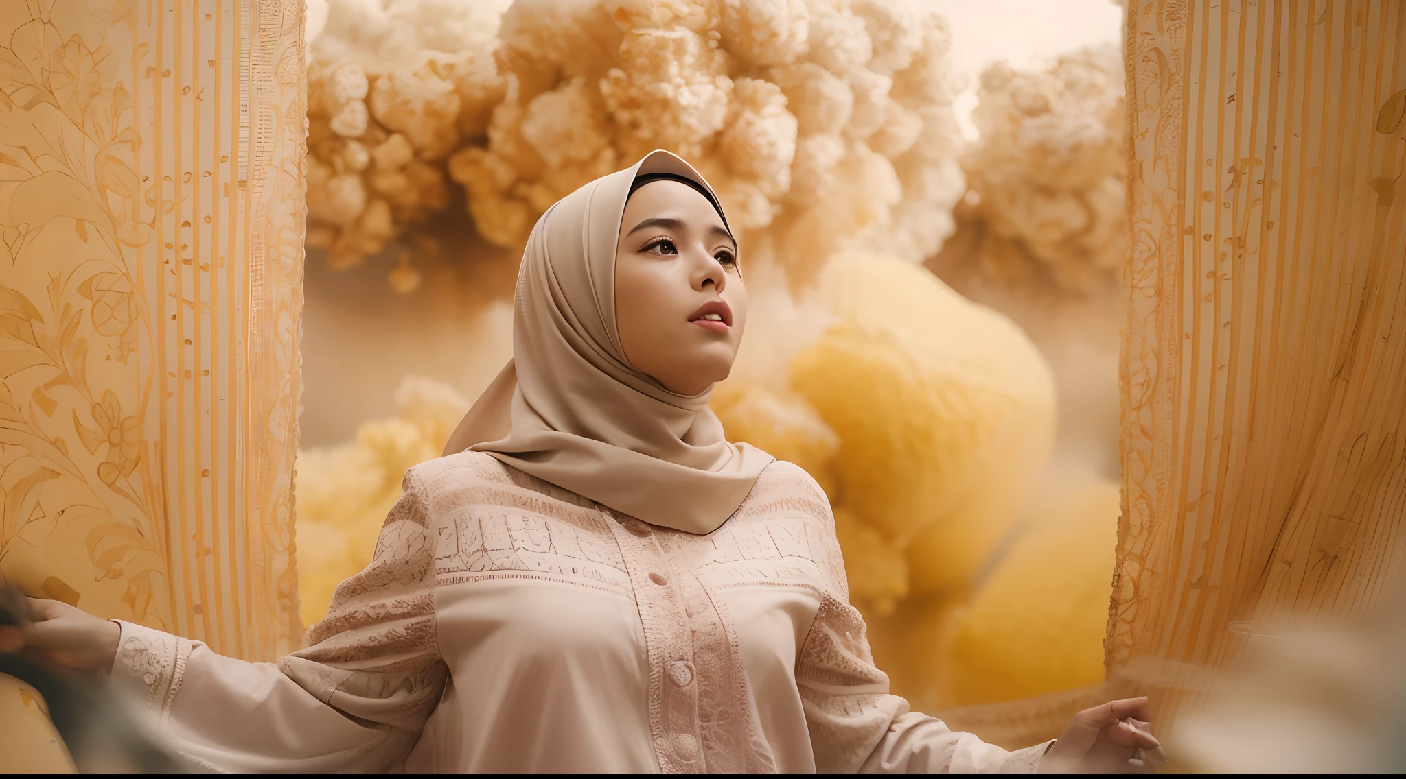 a beautiful malay young woman in hijab, is standing with large popcorn explosion in the background, popcorn flying in the air, in the style of mid sommar, fanciful, natural landscape , dreamlike imagery, captivating documentary photos, flowing fabrics, disintegrated, intricate, style raw, in the style of Grand Budapest Hotel directed by Wes Anderson , low saturation, Super 8mm lens, Low angle shot, High Contrast cinematography effect, Natural Lighting, Desaturate color grading, high quality, ultra detail, 8k resolution,