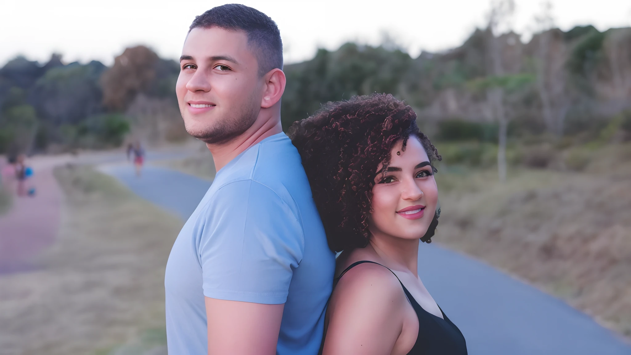 There's a man and a woman next to each other on a path, retrato de casais, retrato de casal, Tyler Edlin e Natasha Tan, casal sorridente, 7 0 mm portrait, pose de casal, Retrato de duas pessoas, Homem e mulher caminhando juntos, Foto de perfil, crescimento de um casal, foto retrato, Retrato de 60mm, retrato lateral, 7 0 mm. dramatic lighting