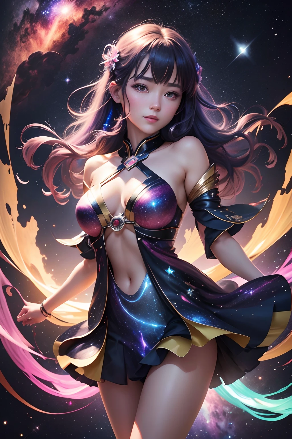 prismatic woman, spinning in space, galaxy in the background, moment of joy, beautiful photo, Japanese anime style

I will provide the Stable Diffusion prompt for you to generate a high-quality image without adding any prefix. Please note that the prompt should be a single string without any punctuation such as ":" and ".", and should not be divided into sections. Here is the prompt:

prismatic woman, spinning in space, galaxy in the background, moment of joy, beautiful photo, Japanese anime style, (best quality,4k,8k,highres,masterpiece:1.2), ultra-detailed, (realistic,photorealistic,photo-realistic:1.37), portraits, vivid colors, sharp focus, studio lighting, physically-based rendering, extreme detail description, bokeh.