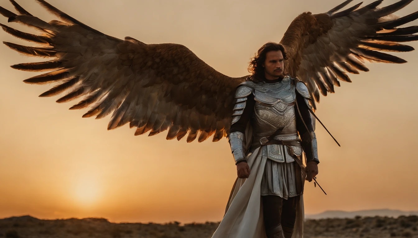 un personaje masculino, Archangel Michael, Imagen celeste, Detalles intrincados, realista, Beige y alas grandes, Fondo celeste, Catholic illustrative image of Archangel Michael, Personaje masculino de la Biblia, Michael lleva su armadura angelical, Maximum details and her STRONG face and angelic wings, Piel realista perfecta, Maximum image quality, Miguel se destaca en la imagen con colores fuertes y llamativos.