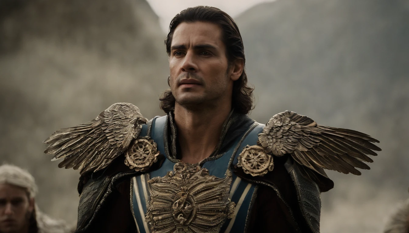 un personaje masculino, Archangel Michael, Imagen celeste, Detalles intrincados, realista, Beige y alas grandes, Fondo celeste, Catholic illustrative image of Archangel Michael, Personaje masculino de la Biblia, Michael lleva su armadura angelical, Maximum details and her STRONG face and angelic wings, Piel realista perfecta, Maximum image quality, Miguel se destaca en la imagen con colores fuertes y llamativos.