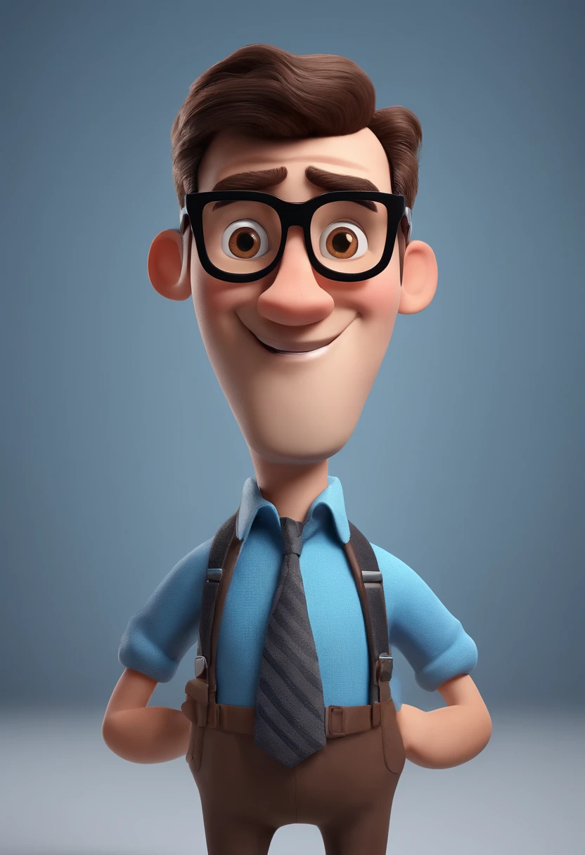 Cartoon character of a man with black glasses and a blue shirt, animation character, Caractere estilizado, animation style rendering, 3D estilizado, Arnold Maya render, 3 d render stylized, toon render keyshot, Personagem 3D, Personagem 3D, 3d rendering stylized, 3 d character render, personagem de desenho animado, Personagem de close up, Pose de personagem, (Estilo Pixar) (master part:1.2) (Bokeh) (best quality) (pele detalhada) (textura detalhada) (8k) (argila) (Cinematic lighting) (foco nítido