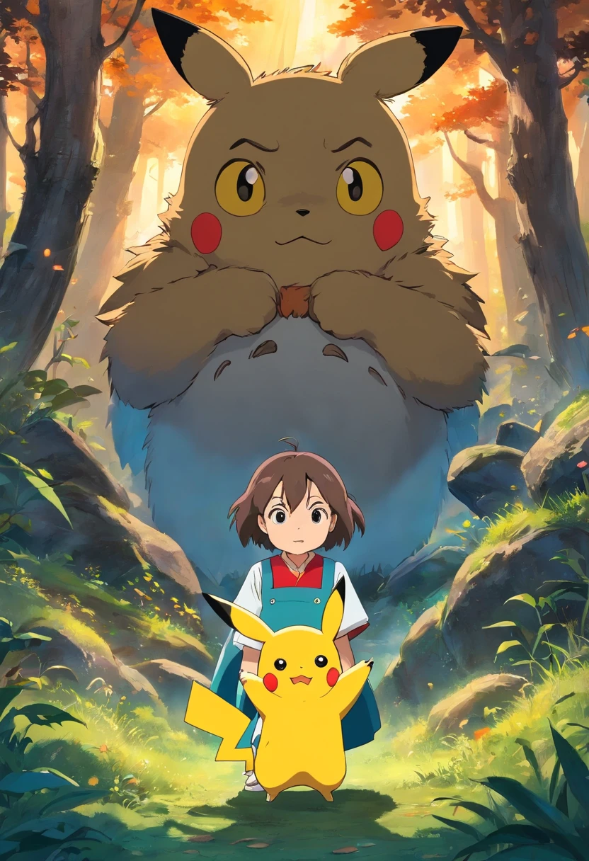 Um menino surpreso e curioso, com olhos castanhos e cabelos pretos com ponta laranja, vestindo uma camisa branca com um desenho do Pikachu e uma capa vermelha. He's looking at the spirit of his deceased cousin coming out of her grave, a fantasma parece uma fada de luz com cara de quem vai aprontar.