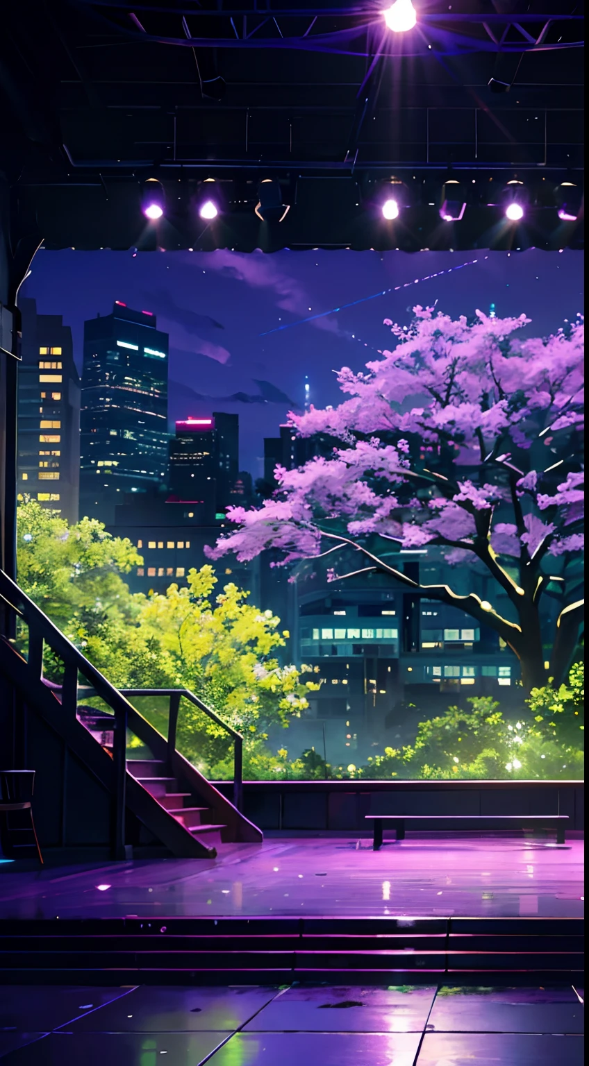 Background, escenario de teatro, with green and purple illumination, with a view from the public