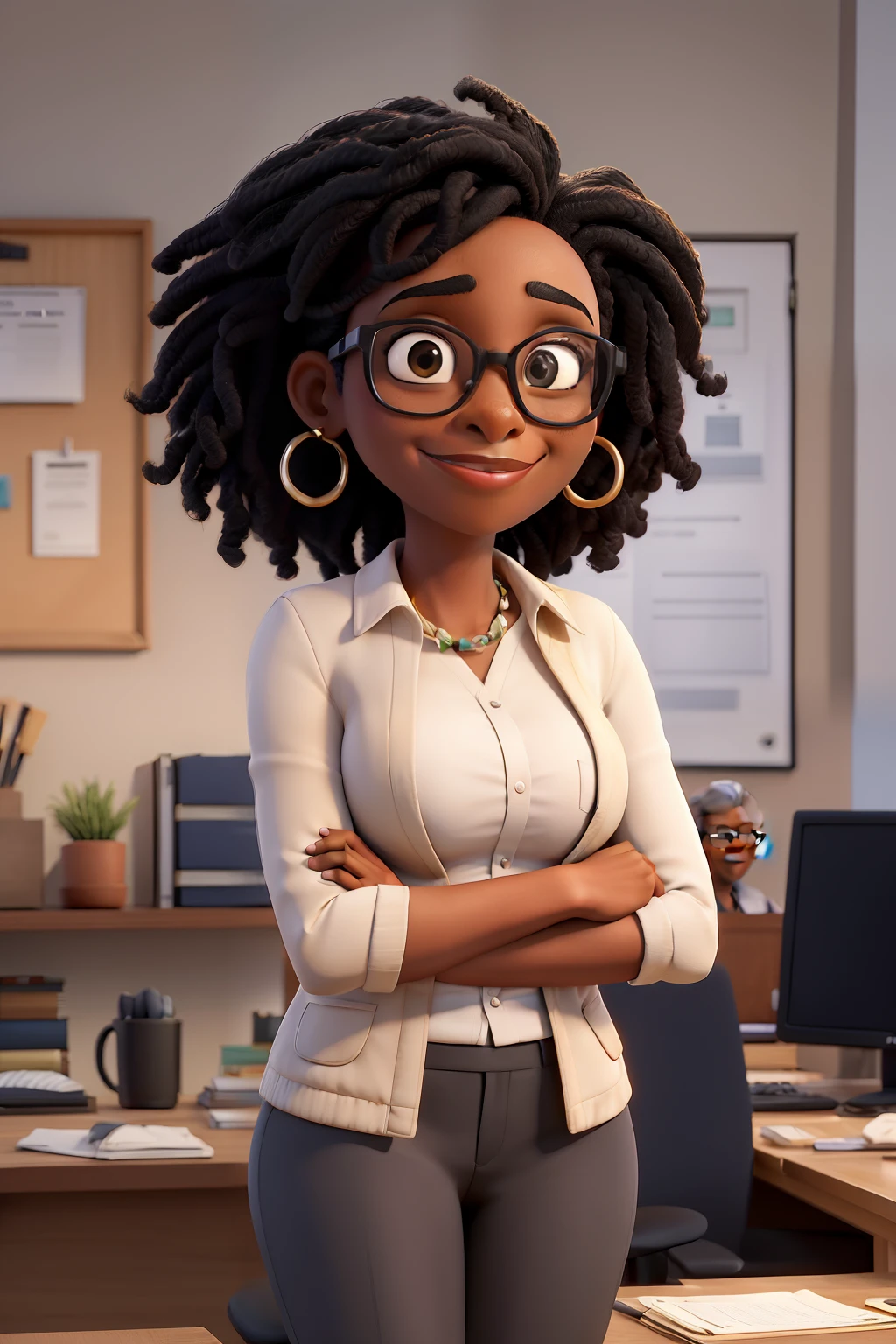 obra-prima, melhor qualidade, Portrait of successful mid adult black woman 30 years old in square glasses looking at camera with arms crossed. Smiling African-American businesswoman standing in new office. Retrato de mulher madura.