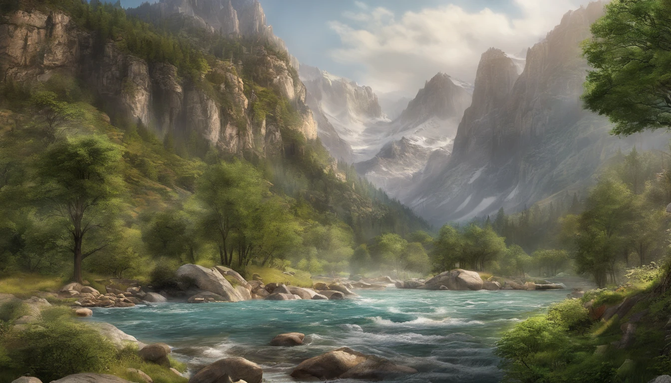 (best quality,4k,8k,highres,masterpiece:1.2),ultra-detailed,(realistic,photorealistic,photo-realistic:1.37),mountains flowing rivers,clear mountain springs,water on the ground flowing from left to right,verdant mountains and green waters,landscape painting,watercolor,promotional image,waterfall,realistic scene,high-definition original image,landscape painting.