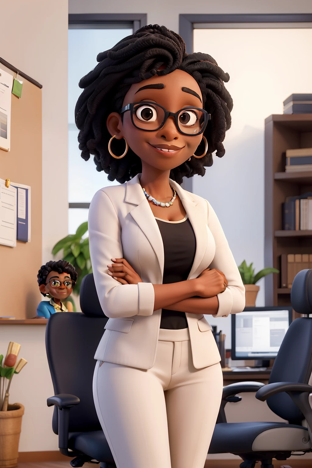 obra-prima, melhor qualidade, Portrait of successful mid adult black woman 30 years old in square glasses looking at camera with arms crossed. Smiling African-American businesswoman standing in new office. Retrato de mulher madura.