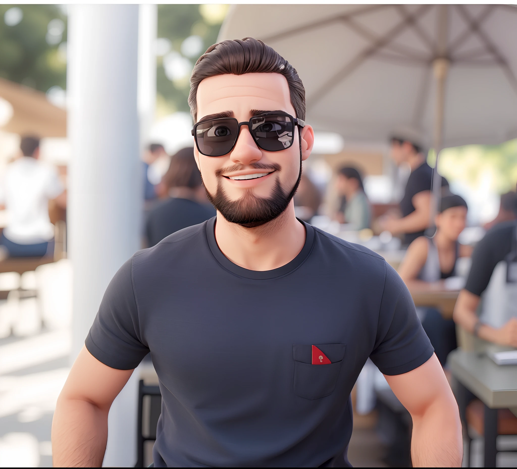 There is a young 25 year old man with sunglasses, hair and black beard sitting at table, magro com roupa casual
