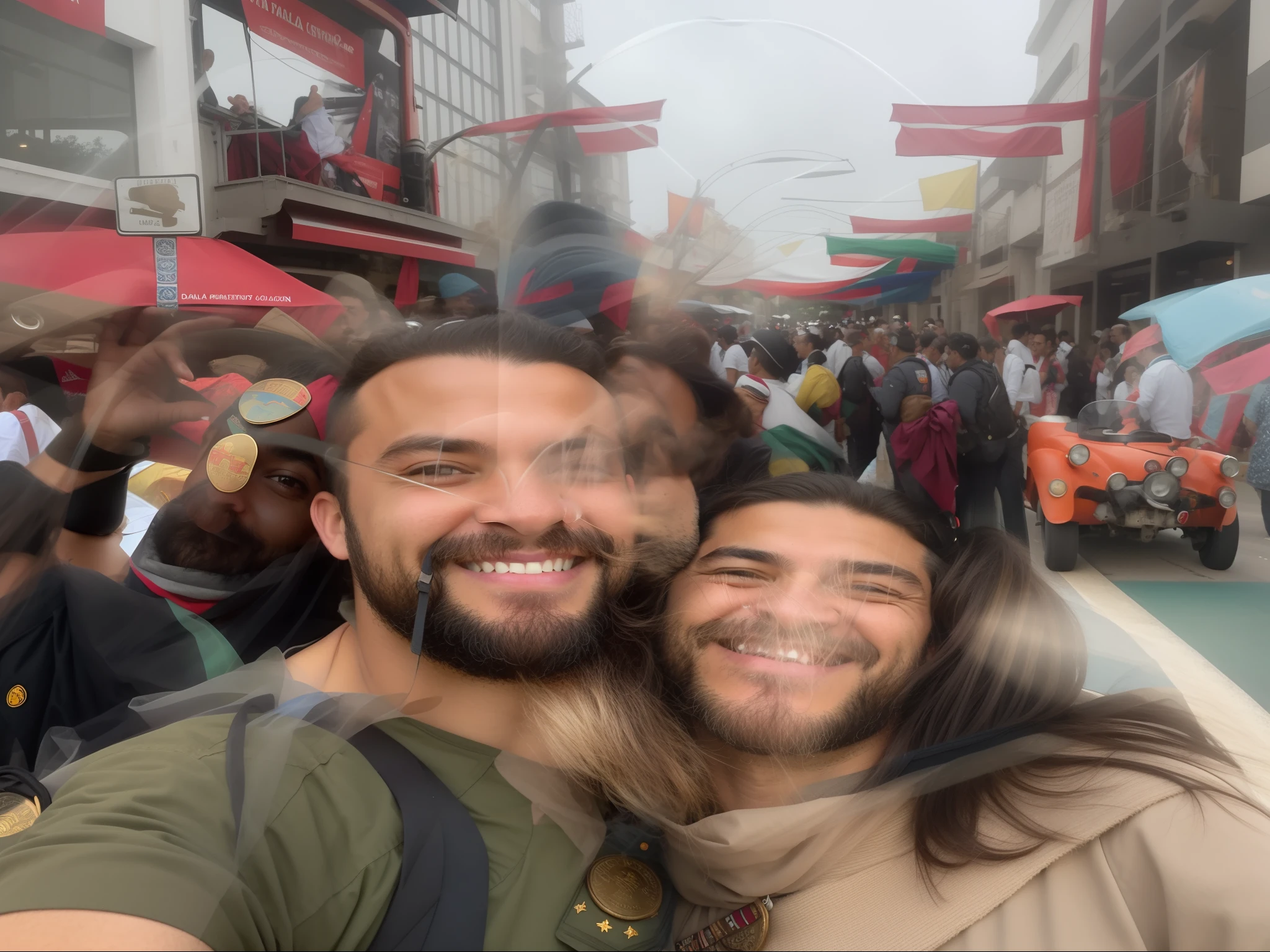 There's a man and a woman in a car with Boy Scout scarves, foto do perfil, imagem de perfil, wearing many medallions, vestindo uma capa de barca, belos arredores, Dan dos Santos, both smiling for the camera, foto de perfil 1024px, vacation photo, foto de perfil headshot, foto de perfil, Feliz!!!, taken in the early 2020s