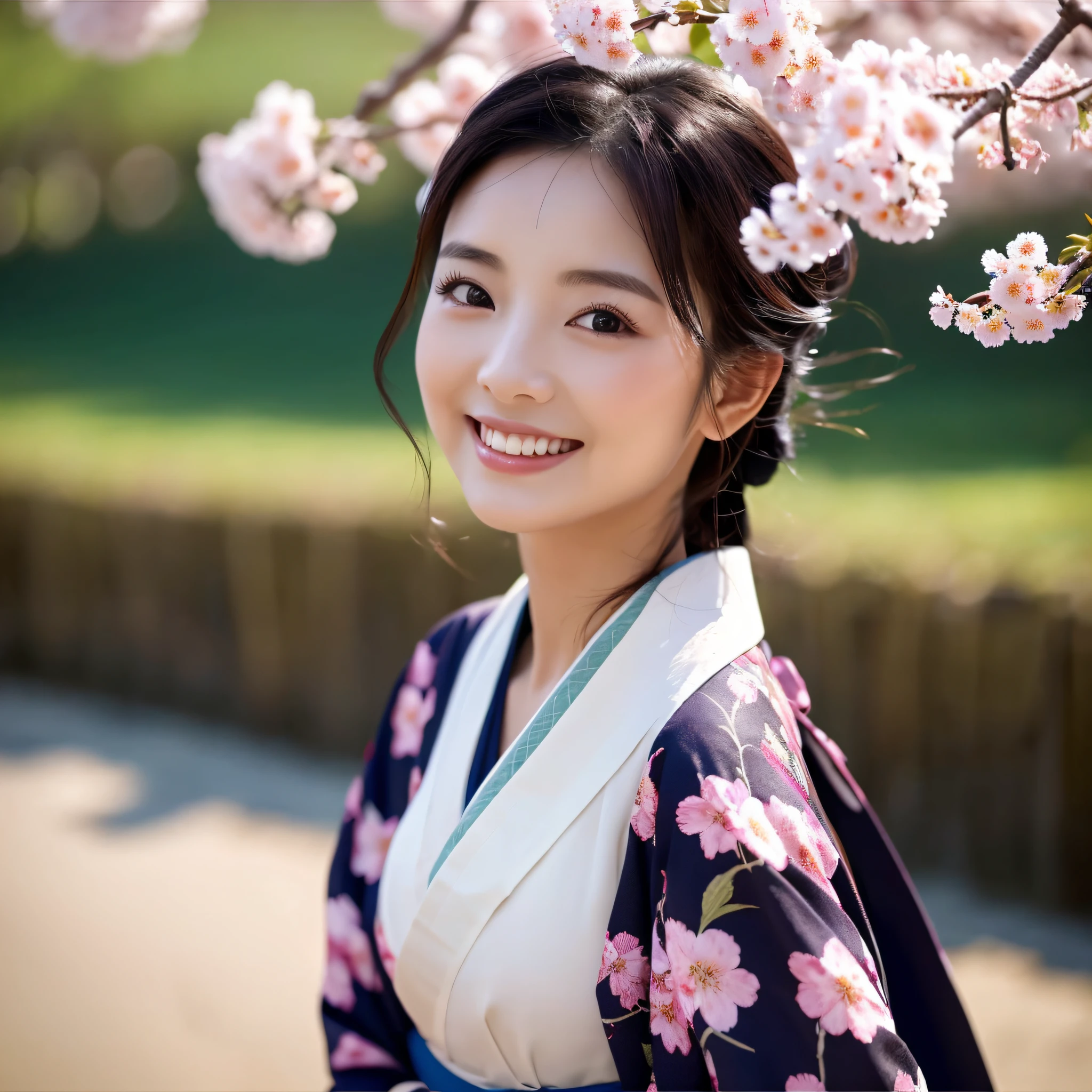 (Super beautiful woman in kimono)、((best qualtiy、8k masterpieces:1.3))、foco nítido:1.2、(ultra beautiful faces:1.0)、(shinny skin:1.0)、photos realistic、A dark-haired、Video Lighting、High-definition eyes and face、Video Lighting、Japanese actressl、from the front side、medium breasts、With a happy smile、Slender Abs Beauty、Whole body、wearing kimonos、cherry blossom in full bloom