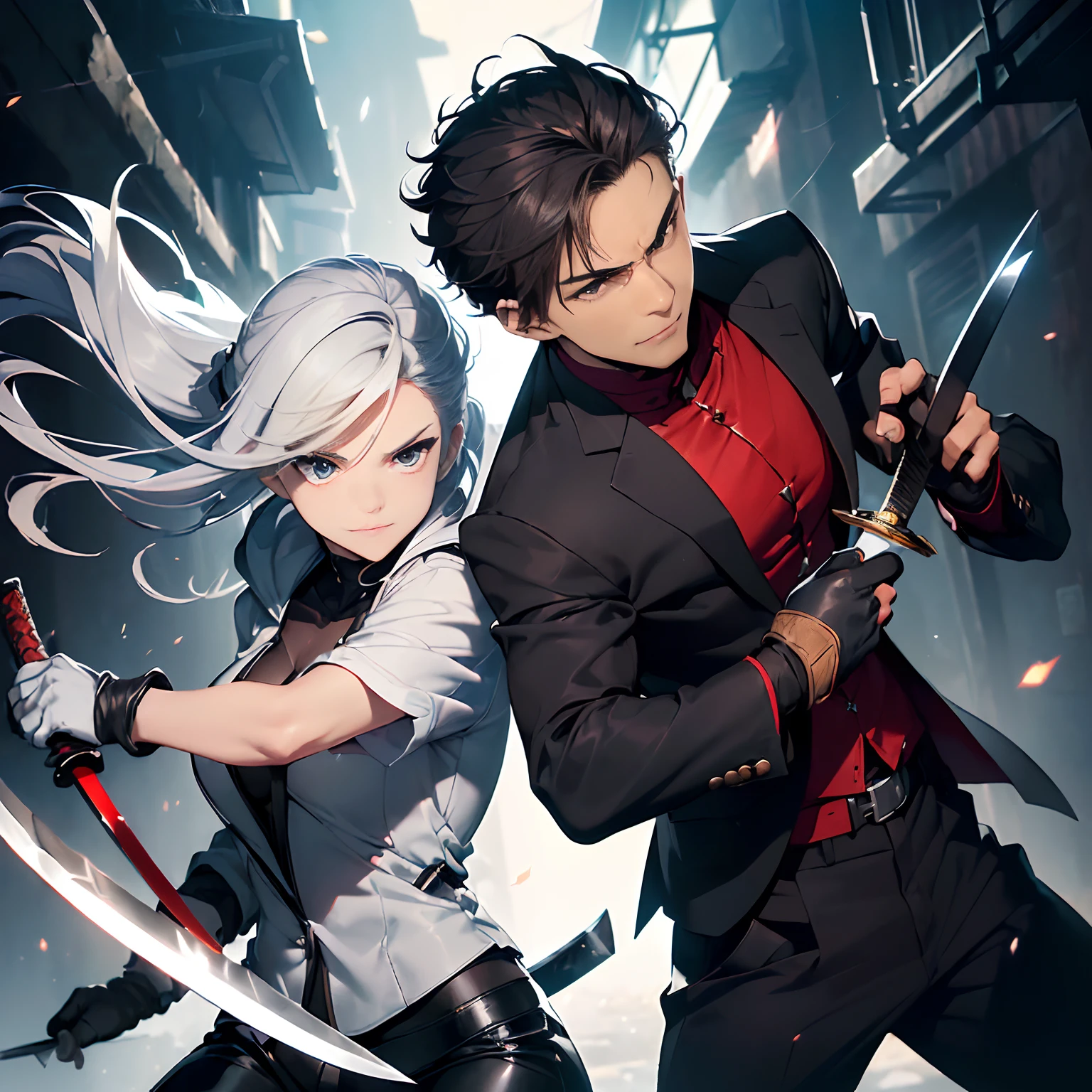 Back alley, The dim, Realistic. Two figures,From left to right, femele(About 20 years old, Facing right, Desperate look (Sharp eyes, gritted teeth, Cut cheeks), cabelos preto e longos, Forward leaning position, suits (Black, pant suit, pumps, White cutter shirt inside), gloves (Leather, Tough), Knives(Messer, The large, Swing down, Contact with the sword, sparks, impactful)) Knives.knifes, Man with a sword (About 18 years old, Facing left, relaxed expression (Smiling, Ferocious), Silver Rough Shorthair, Jacket (Dark brown, Military, Flapping) ,Hoodie underneath (Black, hoods), sneakers (It features a simple, tricolor), gloves (Red, Finger points), knifes (Japanese Sword, Simple details, Warping, Playing a knife , sparks)),Man and woman face each other(battleing).Exit to the back right
