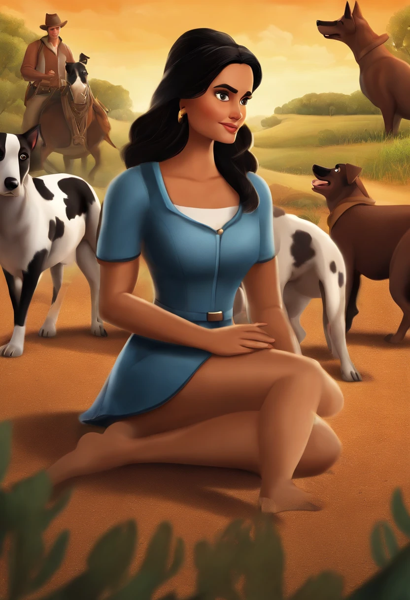 : A Disney Pixar-inspired movie poster with title ("A Near Future "). (Tanned woman black eyes long black hair veterinarian surrounded by animals with blue heeler dog Australian Cattle Dog on lap , cavalos, vacas, cachorros, Cats Farm Scenery ) the scene should be in the distinct digital art style of Pixar, with a