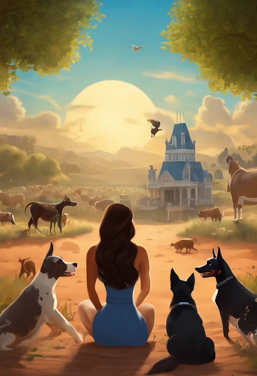 : A Disney Pixar-inspired movie poster with title ("A Near Future "). (Tanned woman black eyes long black hair veterinarian surrounded by animals with blue heeler dog Australian Cattle Dog on lap , cavalos, vacas, cachorros, Cats Farm Scenery ) the scene should be in the distinct digital art style of Pixar, with a