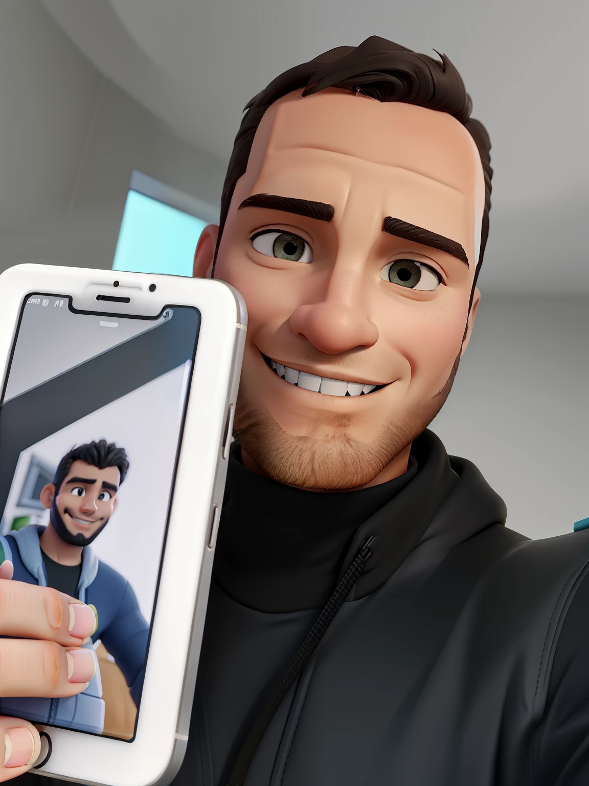 Homem sorridente segurando uma caixa de um iPhone com um design curvo, iphone selfie, imagem do iphone, Fotografia selfie 8k, selfie de um homem, foto de perfil headshot, iPhone in hand, foto do perfil, he is holding a smartphone, holding a very advance phone, Riyahd Cassiem, foto profissional do iphone, imagem de qualidade muito baixa, album photo, foto de perfil