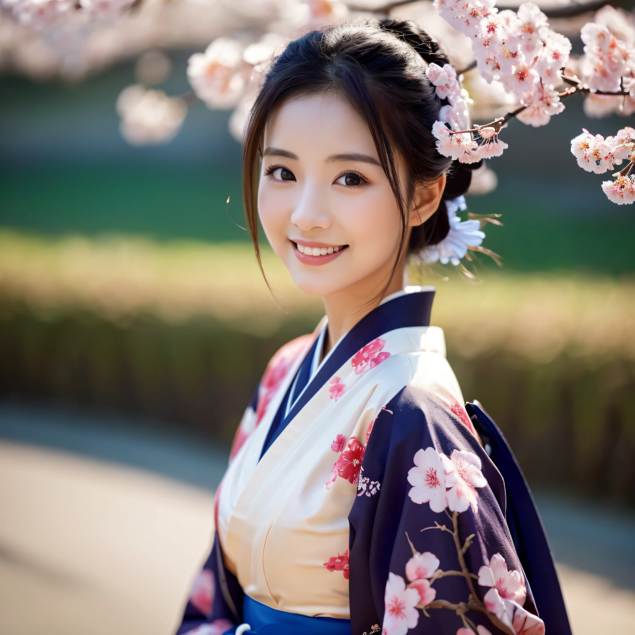 (Super beautiful woman in kimono)、((best qualtiy、8k masterpieces:1.3))、foco nítido:1.2、(ultra beautiful faces:1.0)、(shinny skin:1.0)、photos realistic、A dark-haired、Video Lighting、High-definition eyes and face、Video Lighting、Japanese actressl、from the front side、medium breasts、With a happy smile、Slender Abs Beauty、Whole body、wearing kimonos、cherry blossom in full bloom