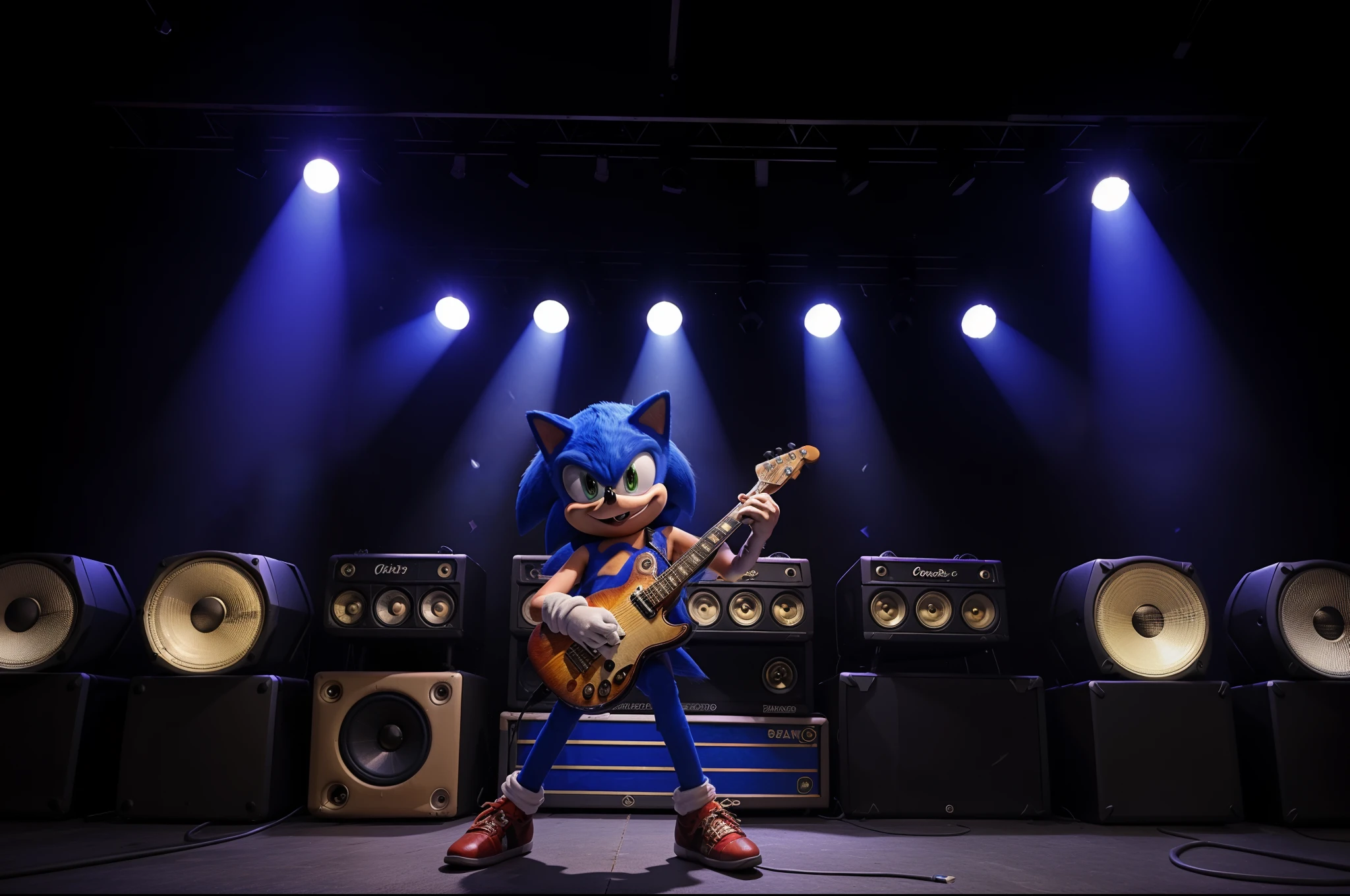 BaseSonic playing a guitar in a rock band stage, front view, looking at viewer, giant speakers, stage, lights, detailed background,