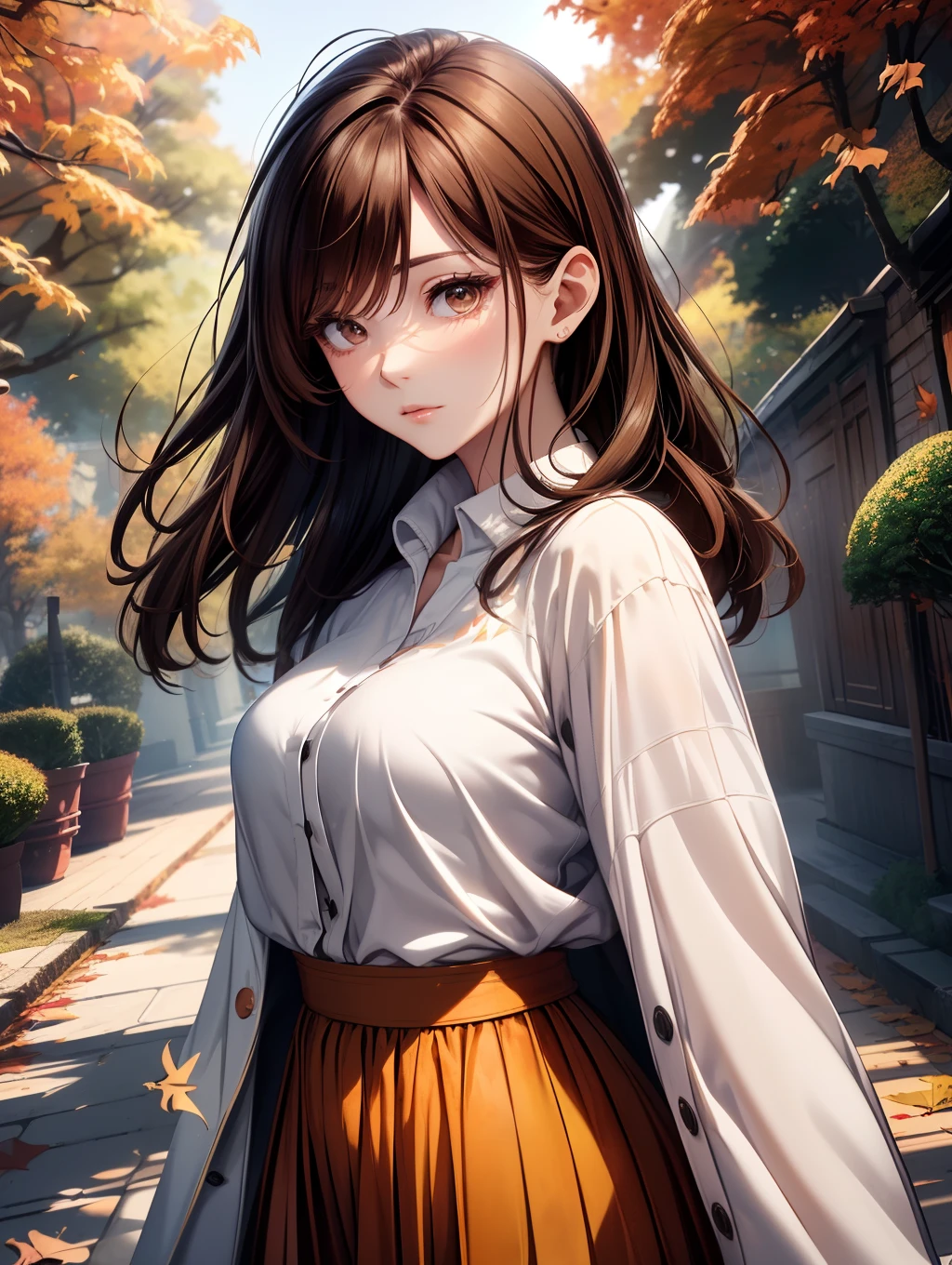 Bright lighting、Beautiful illustrations、
(8k, RAW Photos, Highest quality, masterpiece:1.2), (Realistic, Photorealistic:1.37), Ultra-detailed, 1 person, solo, cute, Beautiful poop、(School uniforms:1.2), (Improve:1.2), (White shirt:1.3), (Beige cardigan tied around the waist:1.3), ((Cleavage, Button unbuttoned):1.2), (Checkered Pleated Skirt:1.2), ((necklace,Colorful Bracelets,x Hair accessories):1.2), Mountain, wood々Yellow leaves of, autumn leaves、Background view, sunset, sunlight, Beautiful afternoon, cloud, Wind in my hair, Leaves flutter, Environment details, More vibrant colors, Saturation effect