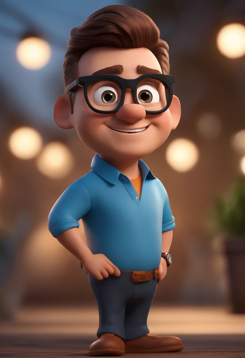 Cartoon character of a man with black glasses and a blue shirt, animation character, Caractere estilizado, animation style rendering, 3D estilizado, Arnold Maya render, 3 d render stylized, toon render keyshot, Personagem 3D, Personagem 3D, 3d rendering stylized, 3 d character render, personagem de desenho animado, Personagem de close up, Pose de personagem, (Estilo Pixar) (master part:1.2) (Bokeh) (best quality) (pele detalhada) (textura detalhada) (8k) (argila) (Cinematic lighting) (foco nítido