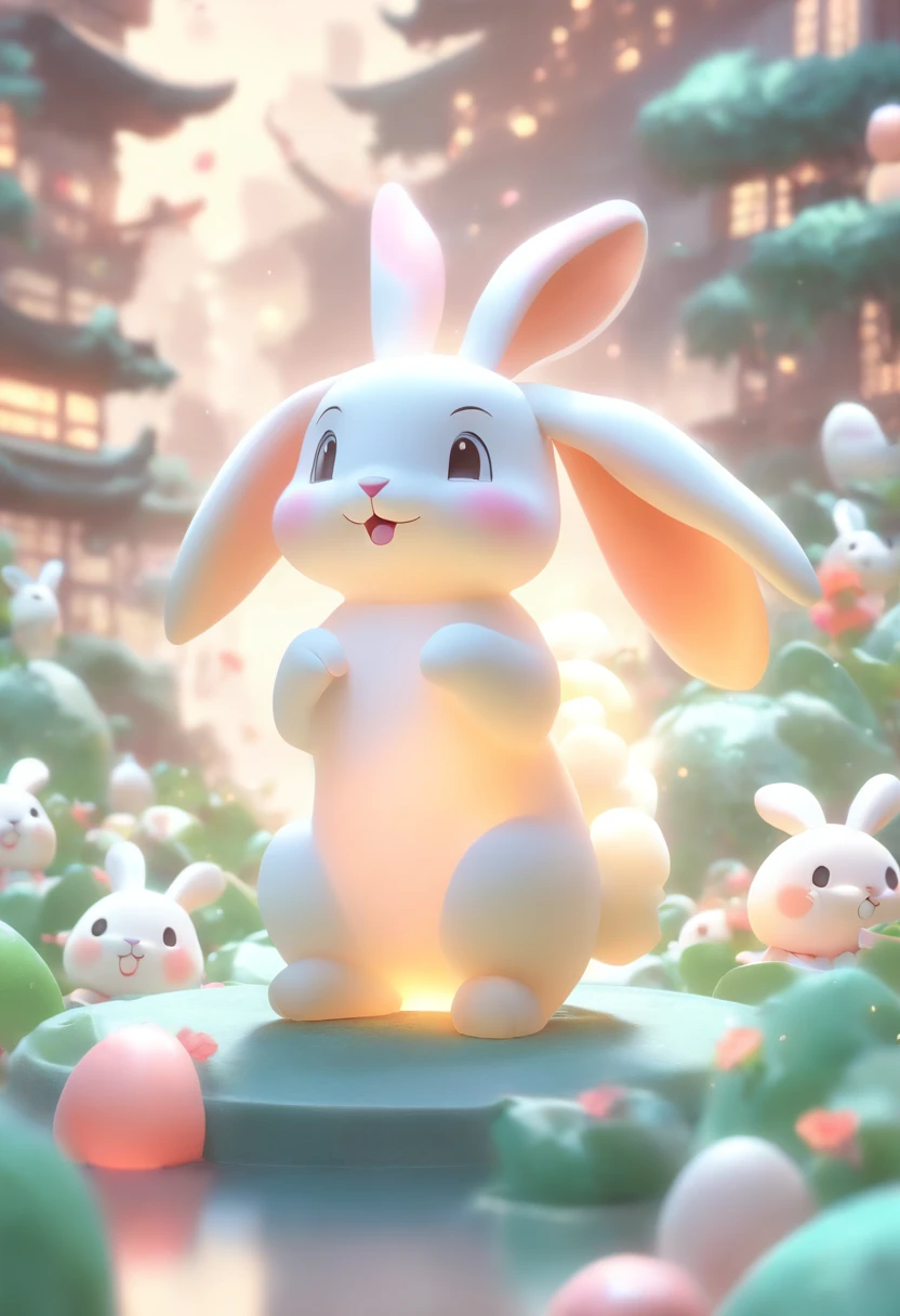 A very cute jade rabbit, Mid-Autumn Festival atmosphere, Silk, (Smooth texture), (Don't feel left to chance), White body, sat on the ground, Looking up, 。.3D, C4D, blender, Octane rendering, Simple background, (White background :1.5), A masterpiece of pastel colors, Soft material, Best quality, Super detail, High quality, 4K
