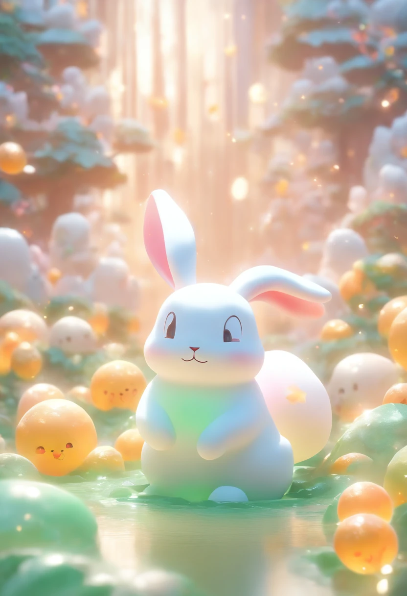 A very cute jade rabbit, Mid-Autumn Festival atmosphere, Silk, (Smooth texture), (Don't feel left to chance), White body, sat on the ground, Looking up, 。.3D, C4D, blender, Octane rendering, Simple background, (White background :1.5), A masterpiece of pastel colors, Soft material, Best quality, Super detail, High quality, 4K