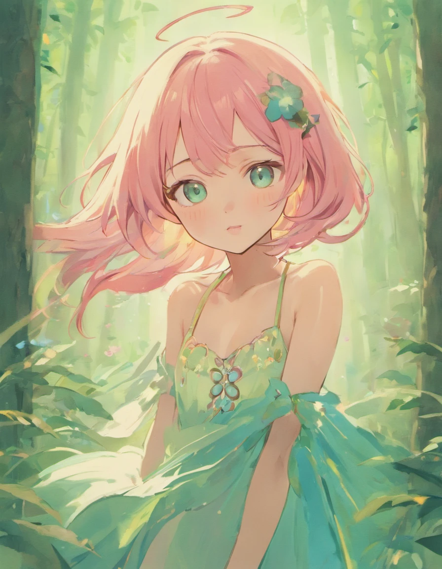 Uma jovem mulher de cabelos cacheados vermelhos compridos. Ela tem um sorriso doce. rosy lips, brown eyes and long eyelashes. Ela tem a cor de pele morena, parda, She is slim with medium breasts and is 1 tall,60cm. She's dressed like a forest fairy. Looks directly at the camera and tilts your body forward. It is in a magical forest flowering in shades of pastel pink and aqua green