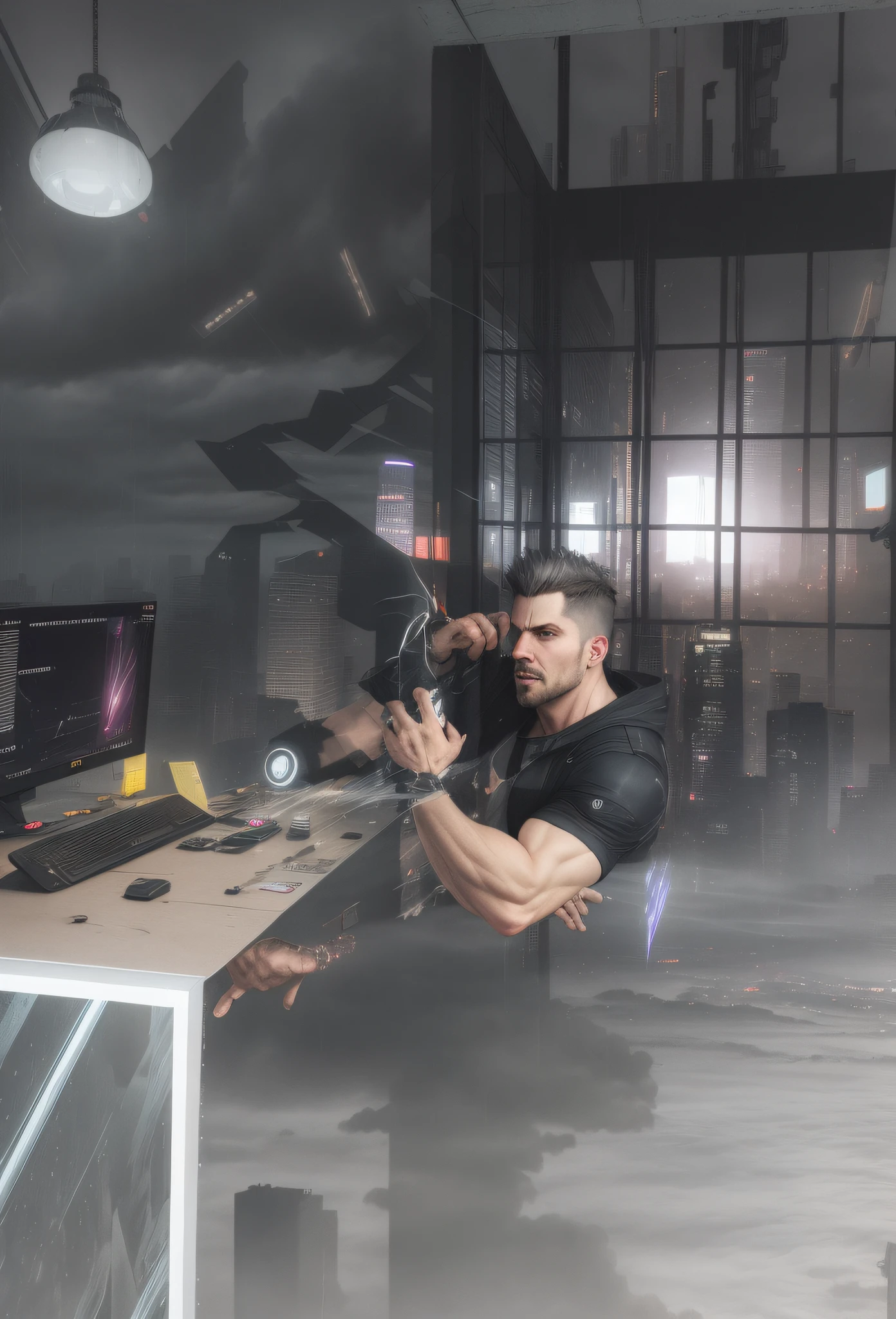 cyberpunk [foggy cityscape in the distance : very pretty man, city:0.33] immersed in a giant flow of wind, living in a thunder cloud, behind the cloud, (double exposure:1.3), photo by Brandon Woelfelmist, surreal dream, gray atmosphere, rainy day, dynamic, lut, hdr