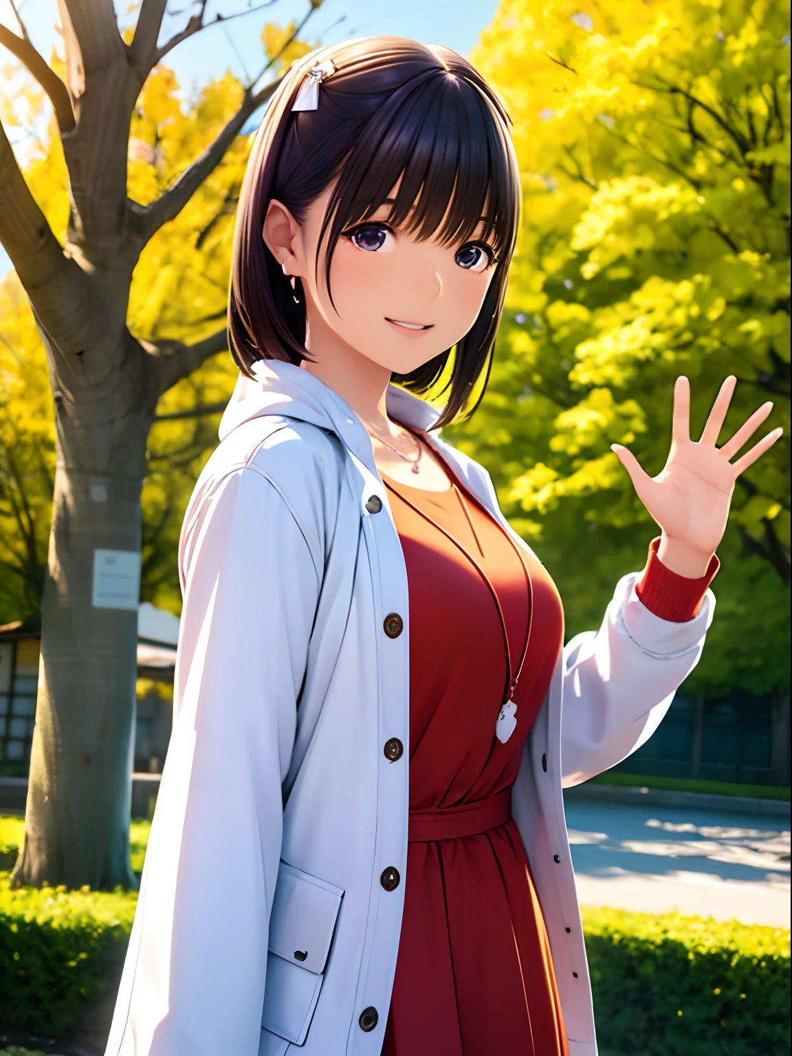 hight resolution,8K,Best Quality,detaileds,semi - realistic anime,Anime 3D Style,Smooth Anime CG,1 girl in,20 year old woman in Japan,slim,modeled,shiny chestnut hair,Medium Hair,Detailed face,Beautiful and detailed eyes,Glowing skin,(parka,layered clothes),earring beautiful,a necklace,autumnal,Colored leaves,Ginkgo tree,Red and yellow landscape, (Waving hands),Hard Focus、film grains,Soft lighting,the wind,looking at the viewers,Smile with open mouth,Angle from the side