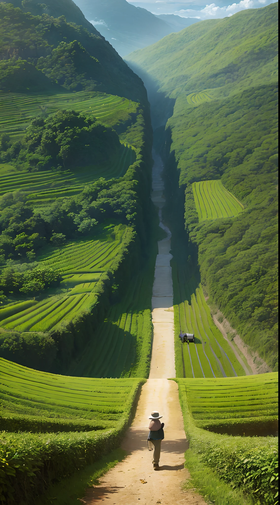 An old farmer carrying a flat burden, walking on the winding path of the countryside, big clouds, blue sky, rice fields, neat rice seedlings in the field, forest, hillside, secluded, countryside, HD detail, hyper-detail, cinematic, surrealism, soft light, deep field focus bokeh, ray tracing and surrealism. --v6