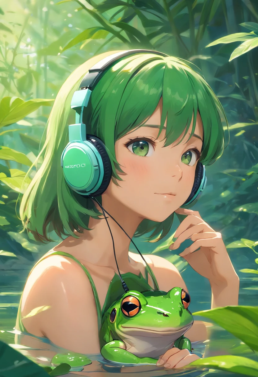 A green frog wearing headphones, in ultra-detailed and realistic quality. The frog is depicted in high resolution, with vivid colors and sharp focus. The artwork showcases the frog in a photorealistic style, emphasizing the fine details of its skin texture and features. The background features a natural environment with lush green vegetation and a serene atmosphere. The lighting is soft and natural, casting subtle shadows on the frog's body. The frog's headphones are intricately designed, with visible details such as buttons and wires. The overall color tone of the image is predominantly green, with hints of other natural colors.