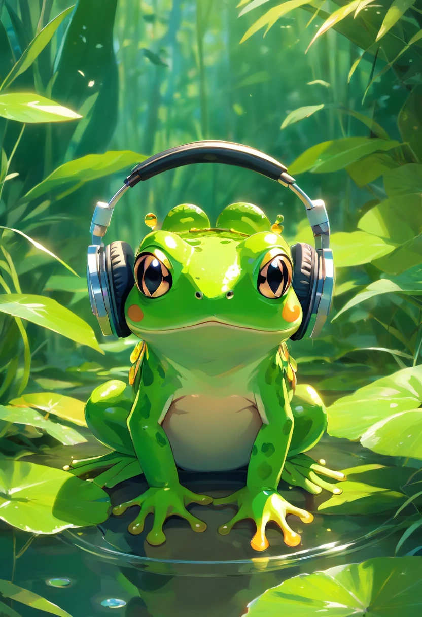A green frog wearing headphones, in ultra-detailed and realistic quality. The frog is depicted in high resolution, with vivid colors and sharp focus. The artwork showcases the frog in a photorealistic style, emphasizing the fine details of its skin texture and features. The background features a natural environment with lush green vegetation and a serene atmosphere. The lighting is soft and natural, casting subtle shadows on the frog's body. The frog's headphones are intricately designed, with visible details such as buttons and wires. The overall color tone of the image is predominantly green, with hints of other natural colors.