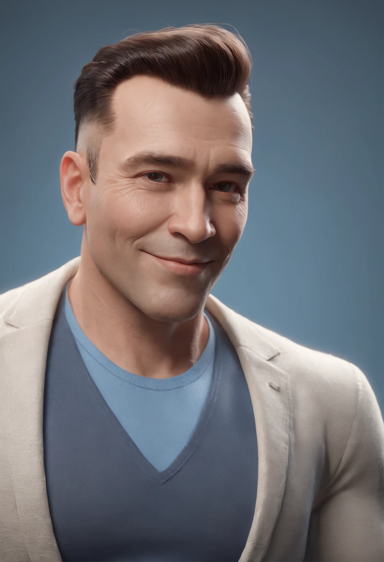personagem dos desenhos animados de um homem branco gordo, com cabelo curto, grisalho e penteado do lado. Sobrancelha suave, e uma camisa azul, sem bigode e sem barba. animation character, Caractere estilizado, animation style rendering, 3D estilizado, Arnold Maya render, 3 d render stylized, toon render keyshot, Personagem 3D, Personagem 3D, 3d rendering stylized, 3 d character render, personagem de desenho animado, Personagem de close up, Pose de personagem, (Estilo Pixar) (master part:1.2) (Bokeh) (best quality) (pele detalhada) (textura detalhada) (8k) (argila) (Cinematic lighting) (foco nítido