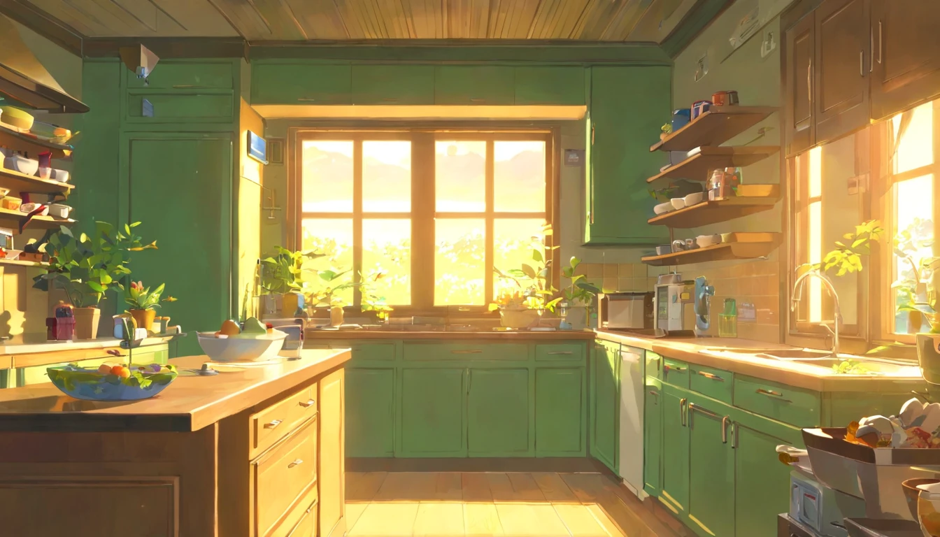 In the bright kitchen,(In the middle is the tap:1.4),(Lots of bowls:1.2),cupboard, microwave oven,Super detail, High details, high qulity