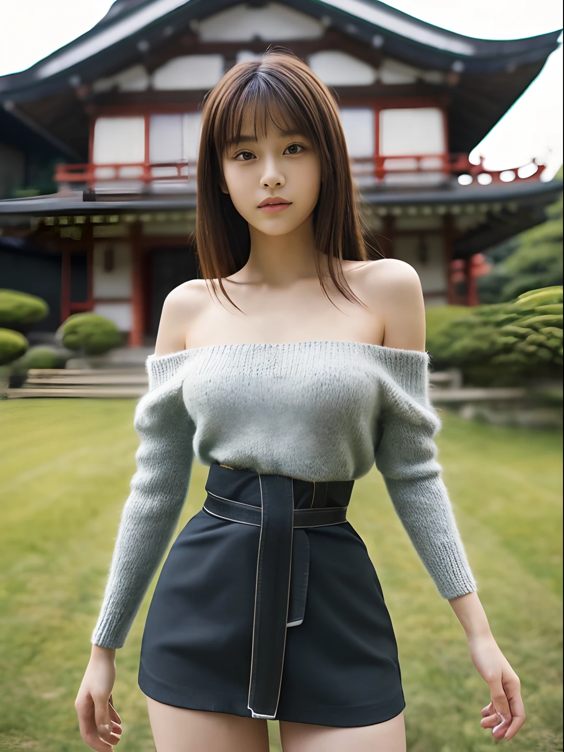 (top-quality、8K、masterpiece、nffsw:1.2), (Photo of a beautiful girl with a cute Japan、18year old、beauitful face:1.4), (Very fine eye definition, Symmetrical eyes:1.3), Brown eyes, Parted bangs, Lustrous black hair、(Perfect body without contradiction、Perfect limbs without contradiction:1.8)、(Beautiful large breast、Constricted waist:1.7),(Off-the-shoulder loose knit、tight miniskirt) 、(Looking at the camera:1.4)、outside of house、the wind、shinny skin、blurry backround