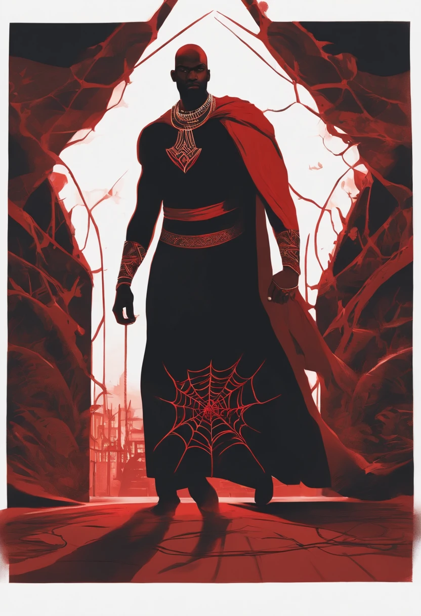 Homem com poder de Magi, cabelo cacheado olhos pretos e terno vermelho, And his father tall black man strong bald and spider tattoo on arm Red Portal Power