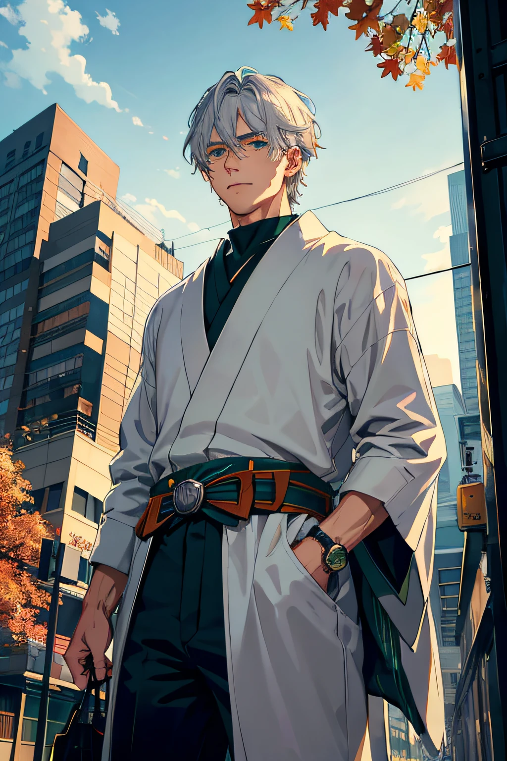 japan, highres, highest quallity, illustration,  ultra detailed, (detailed face), (detailed eyes), soft lighting, best quality, hazy glow, dreamy atmosphere, hyper detailed, masterpiece, 1men, solo, silver hair, green eyes, knitwear, silk belt, brave men, strong men, serious face, luminous eyes, athletic body, (colorful), cowboy shot, from below, outdoors, morning, clouds, tall buildings in background, industrial, public transportation, urban, concrete buildings, concrete, sidewalk, busy, trees, autumn, falling leaves,