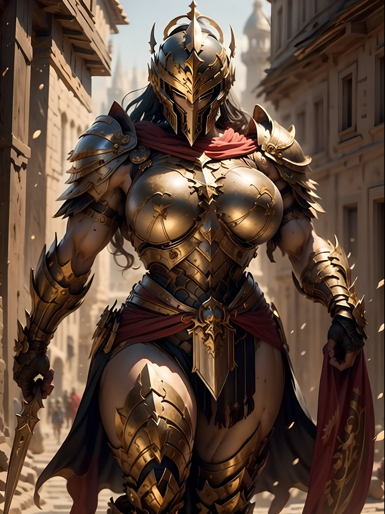 Masterpiece, 8K, (Medieval), (In the background is Mucha), (Full Body, 1girl), solo woman, Front view, ((armor bikini:1.7)), Intellectual girl, Braiding her lush silver hair, (Wide Hips, Narrow Waist), (Sexual Erotic Pose:1.8), ((Massive Female Bodybuilder:1.5)), Flexing, Aroused, ((Huge breasts:1.9)), ((Perfect Female Anatomy:1.5)), 