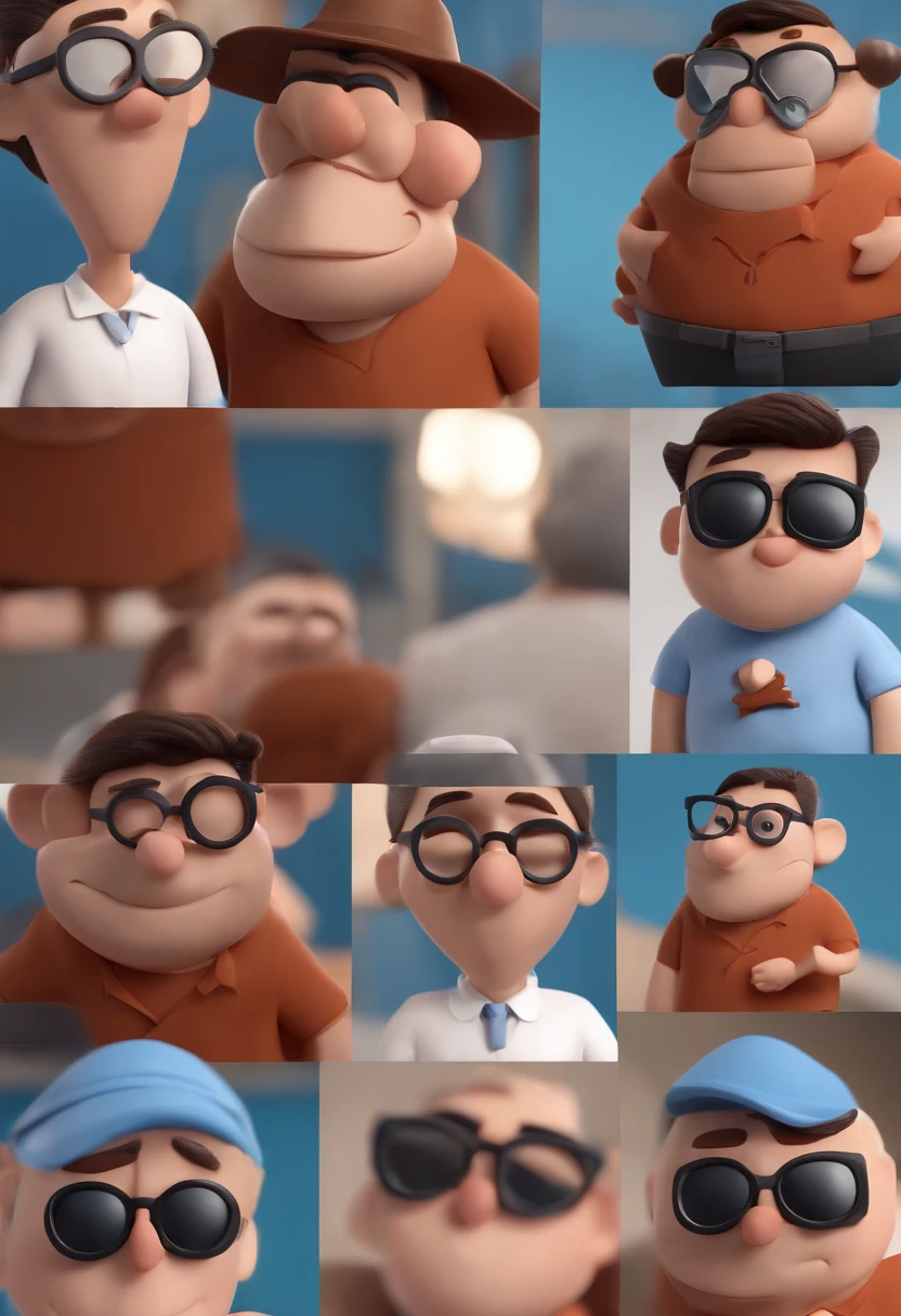 Cartoon character of a man wearing black glasses and a blue shirt, um personagem animado, Caractere estilizado, animation style rendering, 3D estilizado, Arnold Maya render, 3 d render stylized, toon render keyshot, Personagem 3D, Personagem 3D, 3d rendering stylized, 3 d character render, personagem de desenho animado, Personagem de close up, Pose de personagem, (Estilo Pixar) (master part:1.2) (Bokeh) (best quality) (pele detalhada) (textura detalhada) (8k) (argila) (Cinematic lighting) (foco nítido,Senta e vaza a parte superior do corpo