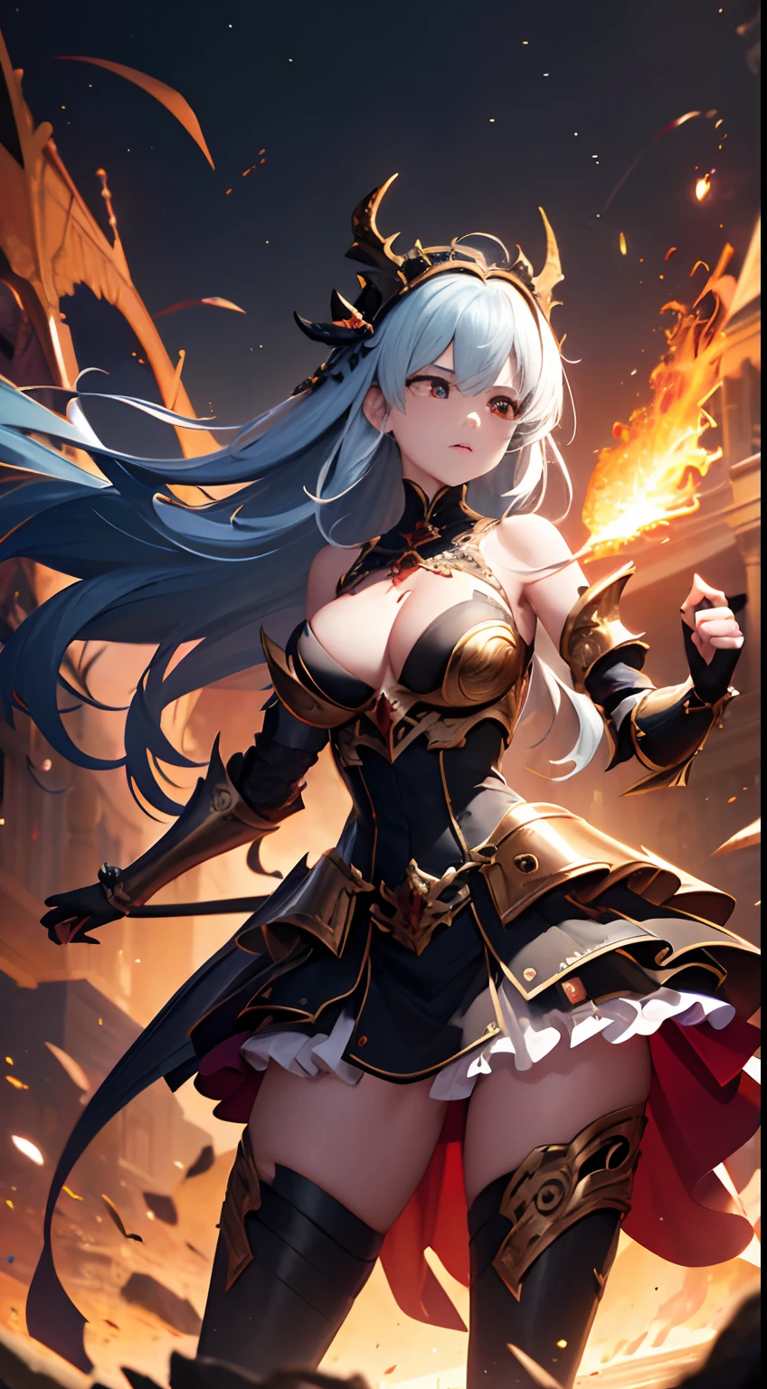 (detaileds:1.4), 3D combination of human and dragon, Human Dragon Tail, Girl in Dragon Scale Armor, The armor has a complex and delicate golden dragon pattern, broken armor,There are many cracks, there is an outflow of blood,, The red panties underneath are exposed., (While dragging a fireball in his hand, Intertwined large fireballs, There are 3 color variations: Red, Green and blue, Off-the-shoulder fashion, Combat boots with a very intricate dragon pattern, Slim long legs with a sleek and clean feel, There is a ring on the top of the head, (The pitch-black dragon armor shone with a metallic luster:1.3), Paying close attention、A fusion of a fine punks team and baroque ta, Countless meteorites fell from the sky, Intricate dragon pattern headdress, Fluttering Lace Flared Mini Skirt, the chest is full and straight, His chest was embedded with a dragon crystal that emitted blue light, Attached to the armor, Clean long blue hair, Long vertical curly hair, Fire red purgatory background, There are tear marks on the face, scream, Bleeding from the wound on the upper arm, This big fireball is flying around in the sky, On the forehead is a flaming rune in the shape of a dragon, art deco, hight resolution, cinmatic lighting, (long eyelasher), Red snake pupil, There was blood on the gun, Crying, tored, sobbing, nffsw(HighDynamicRange), Heterochromia, hyper HD, Rococo style, depth of fields, Ray tracing, Motion Blur, surrealism, vignetted, Verism, surrealism, Textured skin, masutepiece, high details, High quality, Best Quality, 16 K