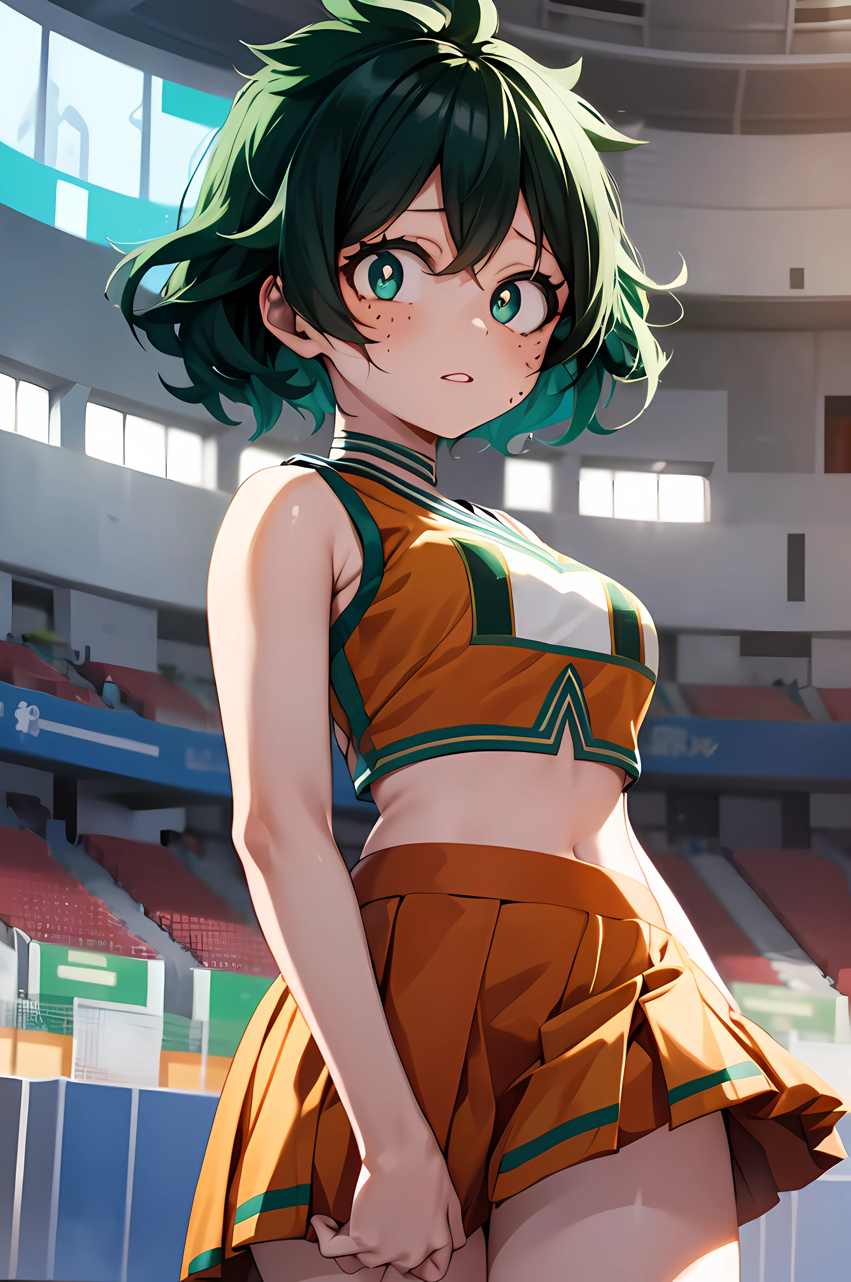 1 girl, Izuku Midoriya girl, girl, genderswap, U.A. CheerUniform, orange crop top, orange skirt, standing, looking at the viewer, nervous face, full body, stadium backdrop, green long hair, feminine features, feminine body, fine eyes, feminine lips, delicate nails, bright illumination, cinematic illumination