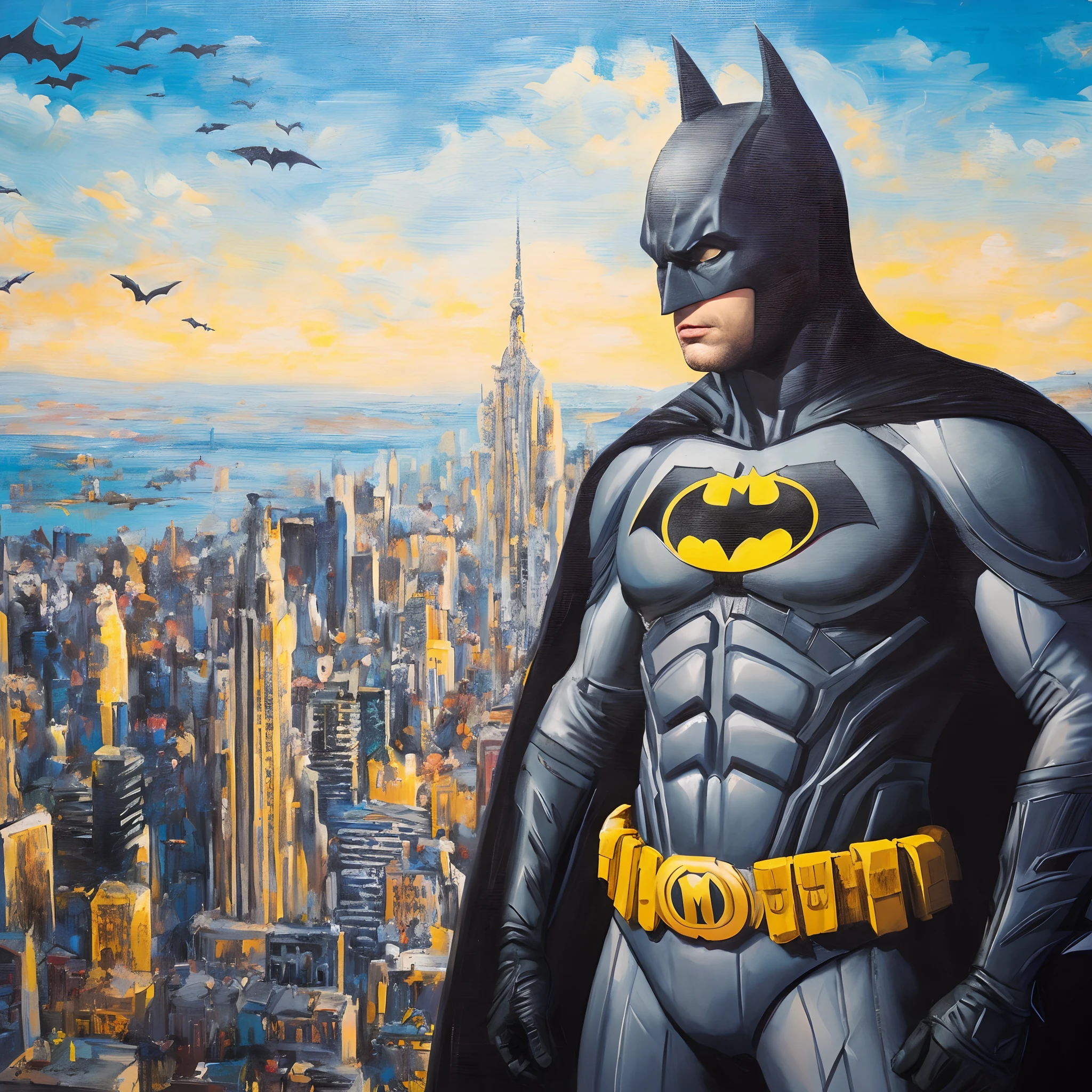 Batman em frente a uma pintura do horizonte de uma cidade, Retrato de Batman, Cidade de Gotham, inspirado em Joe Jusko, Retrato do Batman, Estilo Gotham City, Directed by: Joe Jusko, rob mcnaughton, inspirado em Ron English, Directed by: Thomas Dalziel, portrait batman ancient biblical, inspirado em Bickenbach, inspirado em Scott Listfield, David Spade como Batman