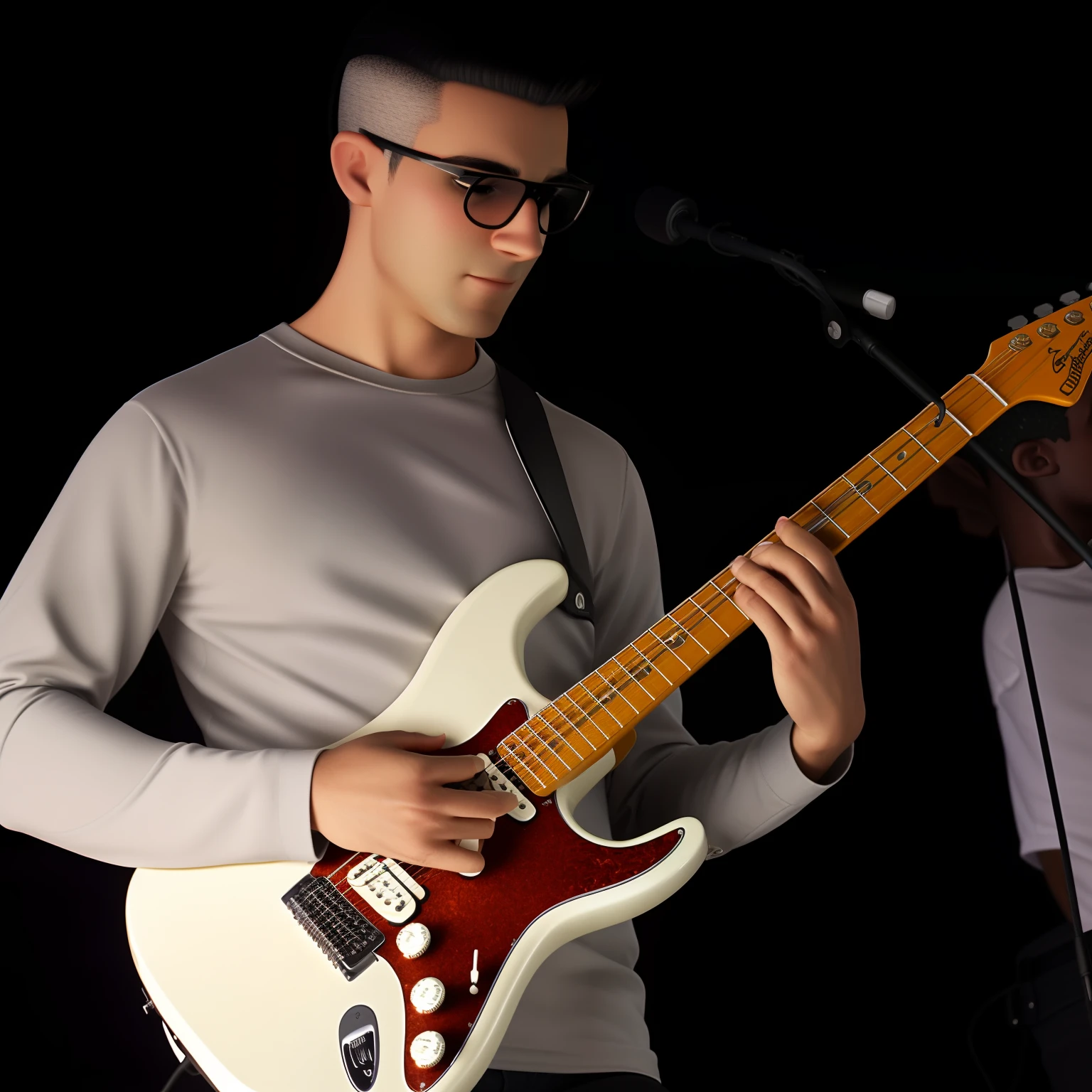 Criar imagem no estilo disney pixar 3d, um homem, 28 anos, Black hair shaved on the side and top of the head, lateral do cabelo preto, cabelo todo preto, calvo, rosto fino, magro, usando oculos , vestindo sueter na cor bege, tocando guitarra eletrica modelo stratocaster cor creme, alta qualidade, melhor qualidade