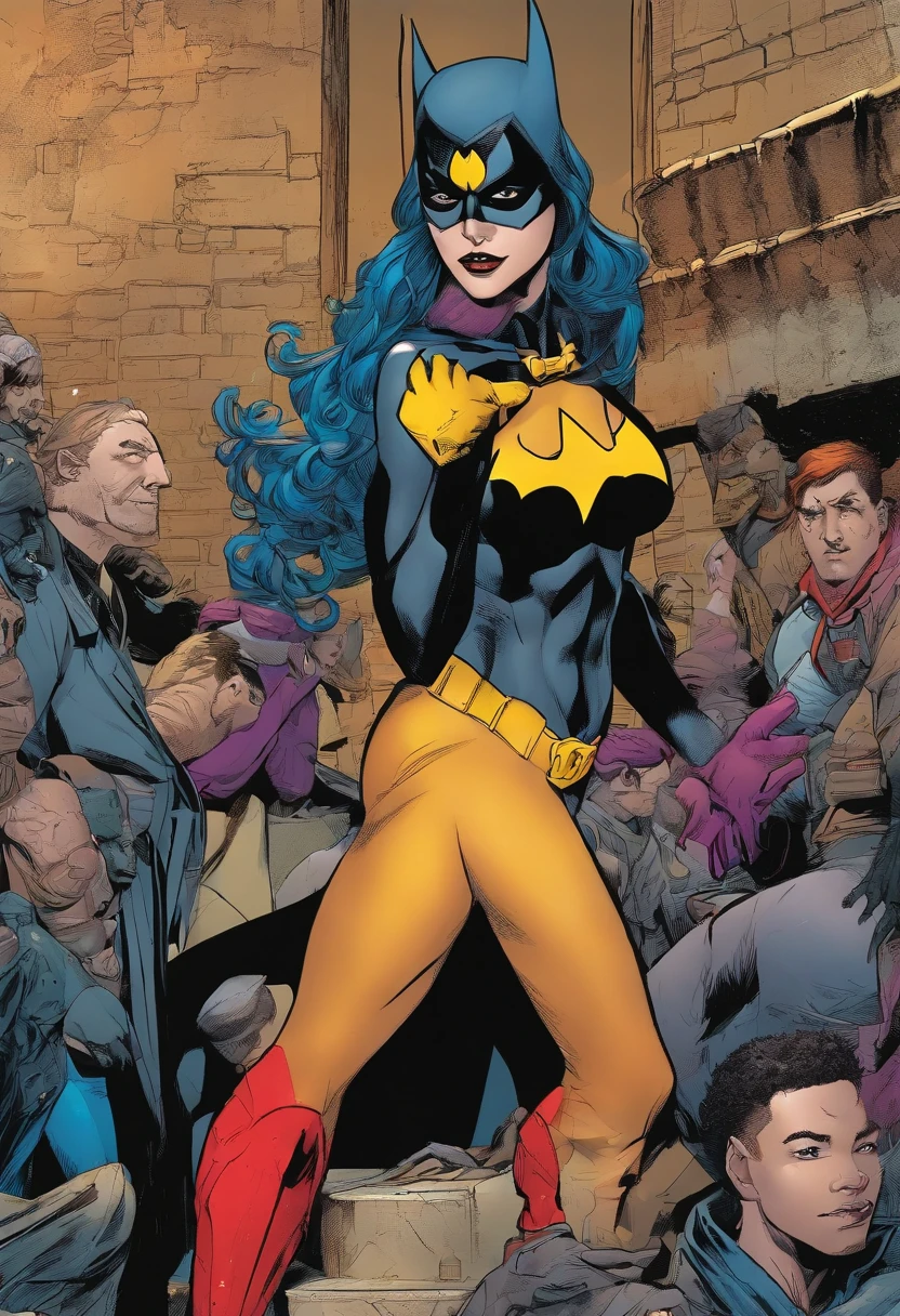 Batgirl in a black tights in DC Comics stands in front of a group of male prisoners, huge tit, Buttock augmentation ,Soaked all over, Her expression was nervous, The prisoners looked at her intently, Fall into a dimly lit alley,with intense rain, full body pov, 32K, Best quality, Masterpiece, Super detail, High details ,