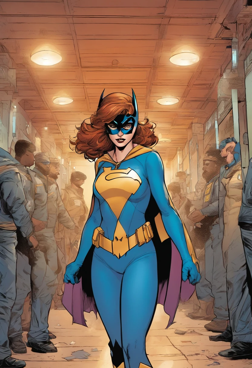 Batgirl in a black tights in DC Comics stands in front of a group of male prisoners, huge tit, Buttock augmentation ,Soaked all over, Her expression was nervous, The prisoners looked at her intently, Fall into a dimly lit alley,with intense rain, full body pov, 32K, Best quality, Masterpiece, Super detail, High details ,