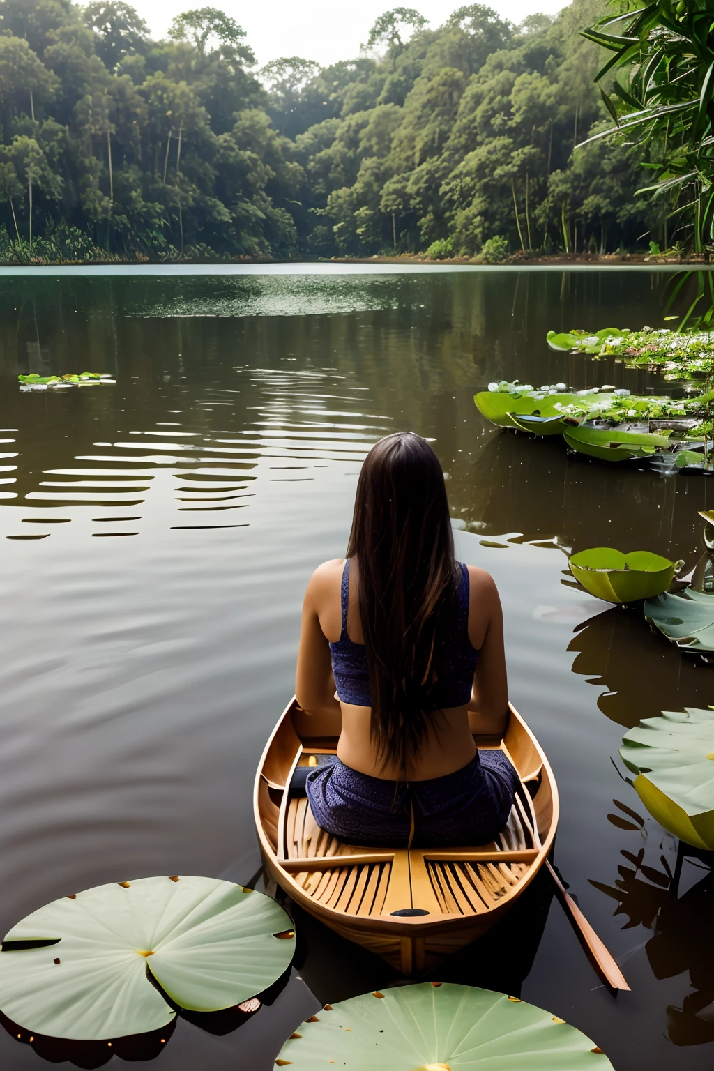 woman sitting in a boat looking out over a lake with lily pads, sitting on a lotus flower, on a boat on a lake, sitting in a small bamboo boat, in the middle of a lake, standing on a lotus, over the shoulder view, sitting in front of a lake, green lily pads, on a lake, lily pads